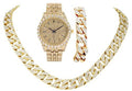 Blinged Out Cuban Necklace W/ Matching Bracelet and Fire Iced Out Timepiece - Boujee 3Pc Set - 2023 CNBW (ST10226 Gld/Gld)