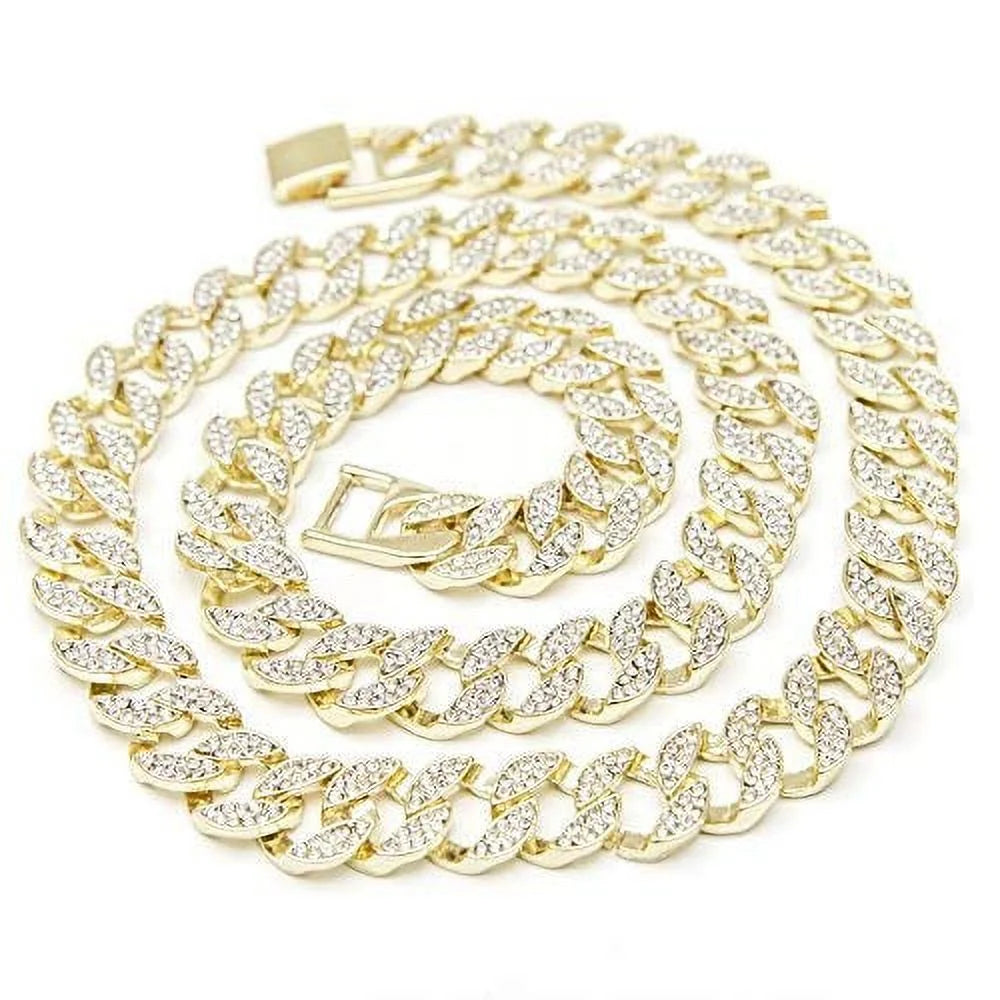 Blinged Out Cuban Necklace W/ Matching Bracelet and Fire Iced Out Timepiece - Boujee 3Pc Set - 2023 CNBW (ST10226 Gld/Gld)