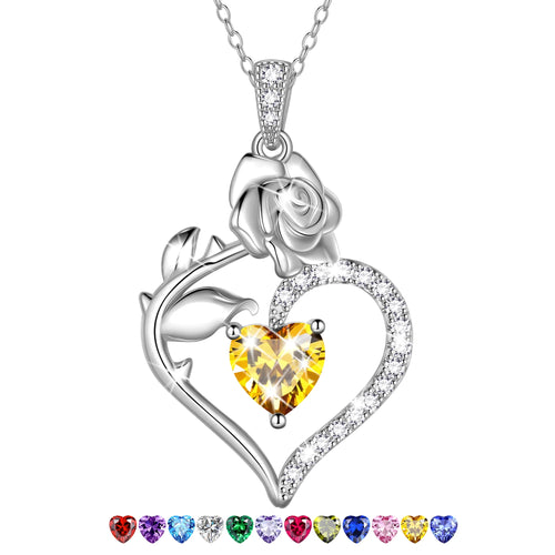 925 Sterling Silver Birthstone Necklace Rose Flower Heart Pendant Jewelry Christmas Valentines Mother'S Day Gifts for Women Mom Wife/Lover