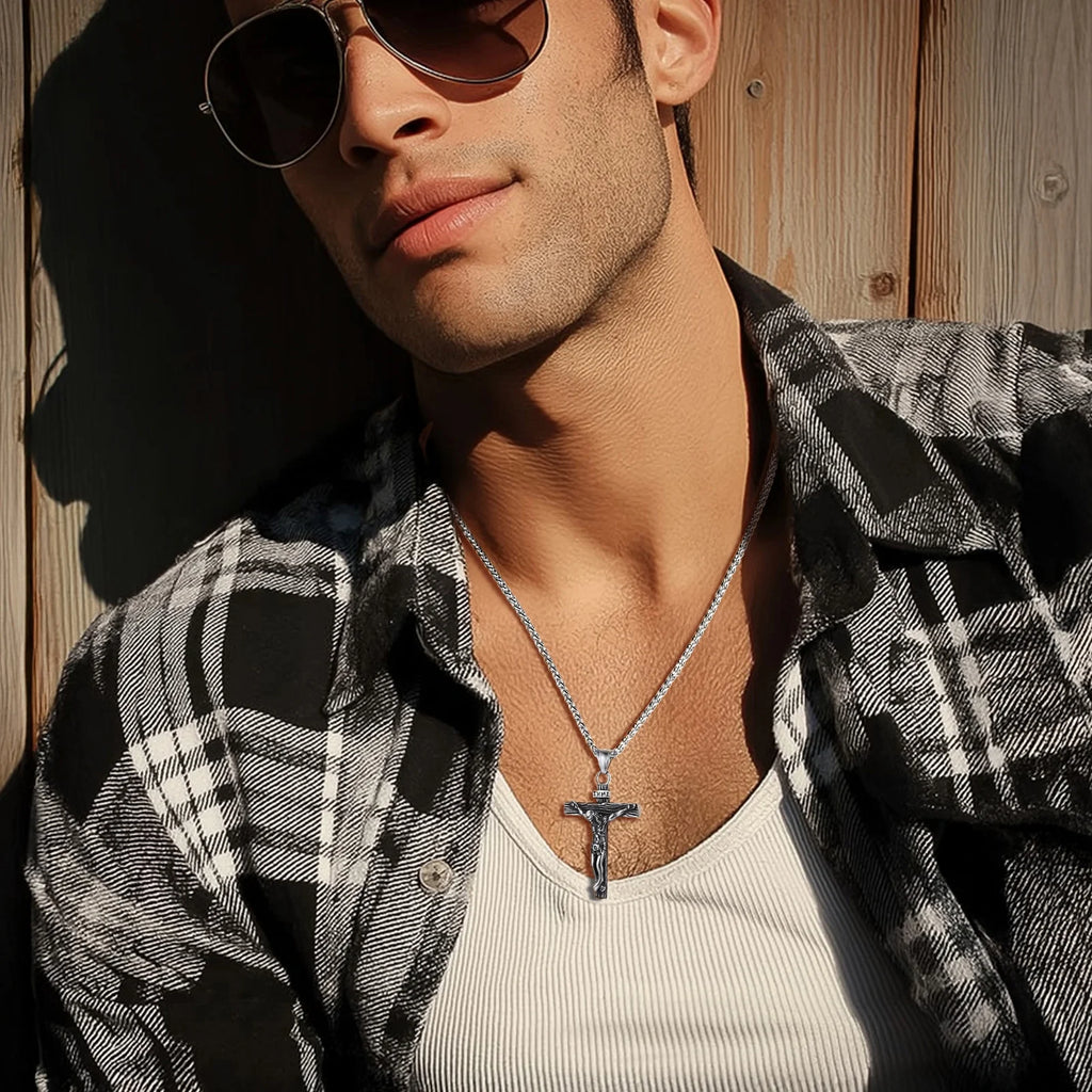 Cross Necklaces for Men Stainless Steel INRI Crucifix Pendant Necklace Jesus Piece Christian Religious Birthday Easter Basket Stuffers Jewelry Gifts Him Son